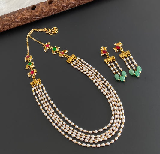 Gold tone kemp-green pearl multi layer necklace set dj-54174