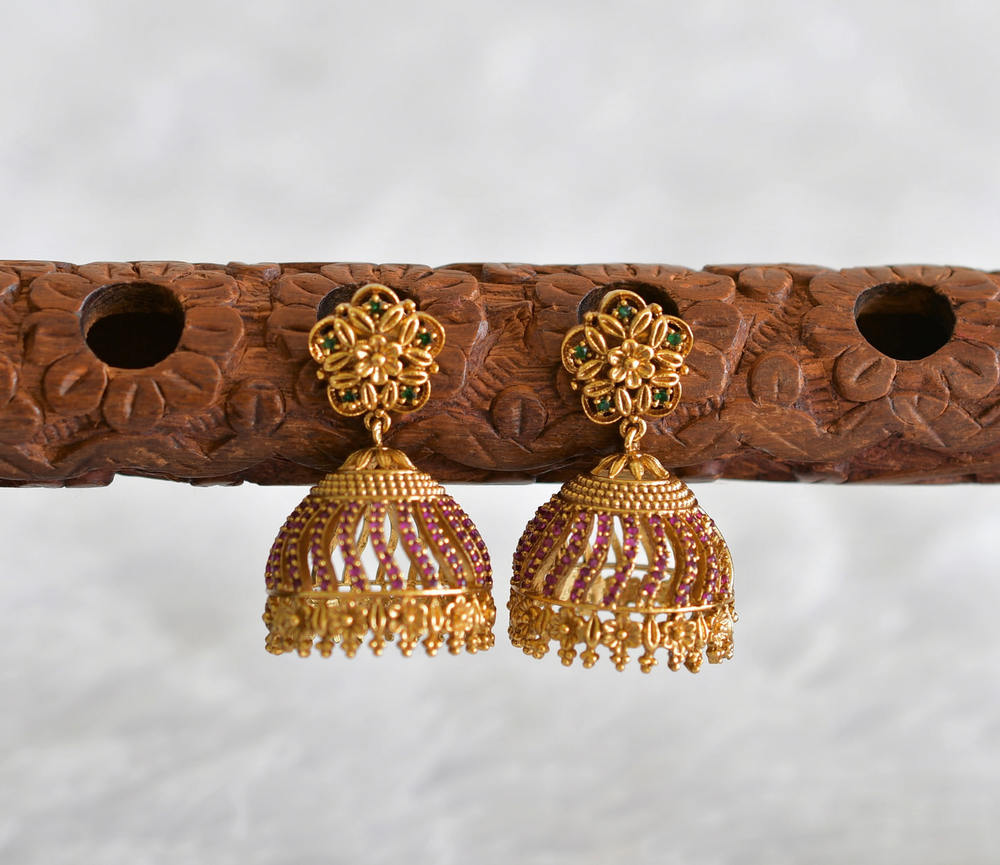 Antique gold tone ruby-green flower jhumkka dj-52165