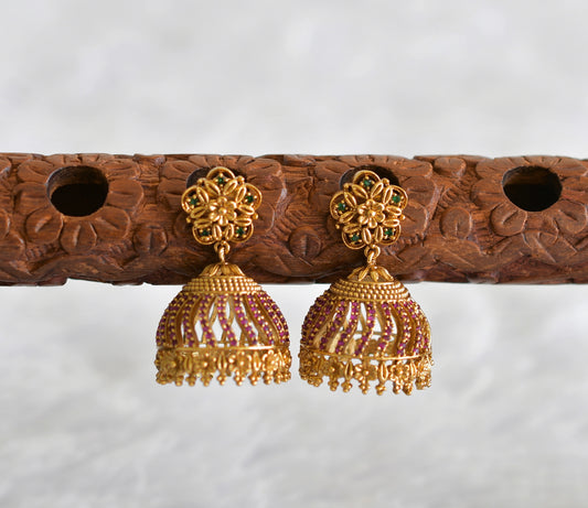 Antique gold tone ruby-green flower jhumkka dj-52165