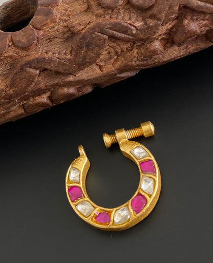 Gold tone kundan jadau pink-white stone nose pin dj-53725