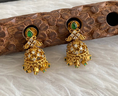Antique gold tone white -green stone jhumkka dj-53565