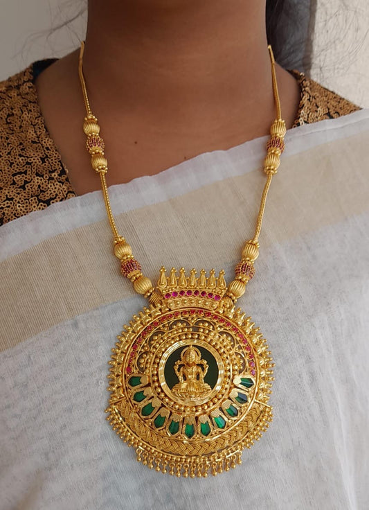 Gold tone green-pink big Lakshmi nagapadam long necklace dj-35490
