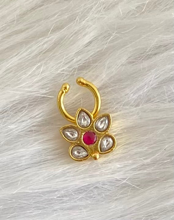Gold tone kundan jadau pink-white stone flower nose pin/bulakku dj-53778