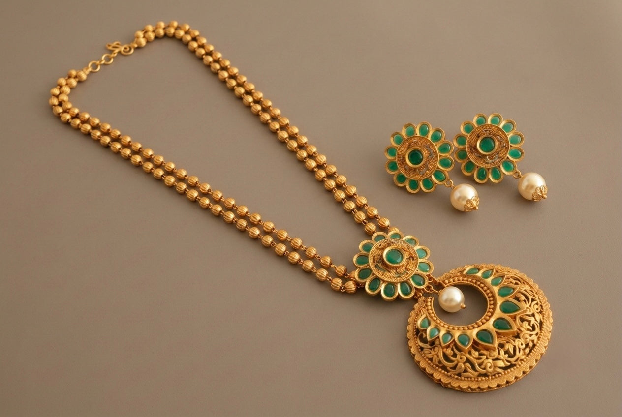 Matte finish emerald flower bali necklace set-dj07792