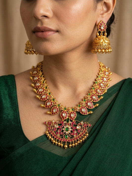 Matte Gold Look Alike White Kemp-green Mango Kundan jadau Necklace Set DJ33259