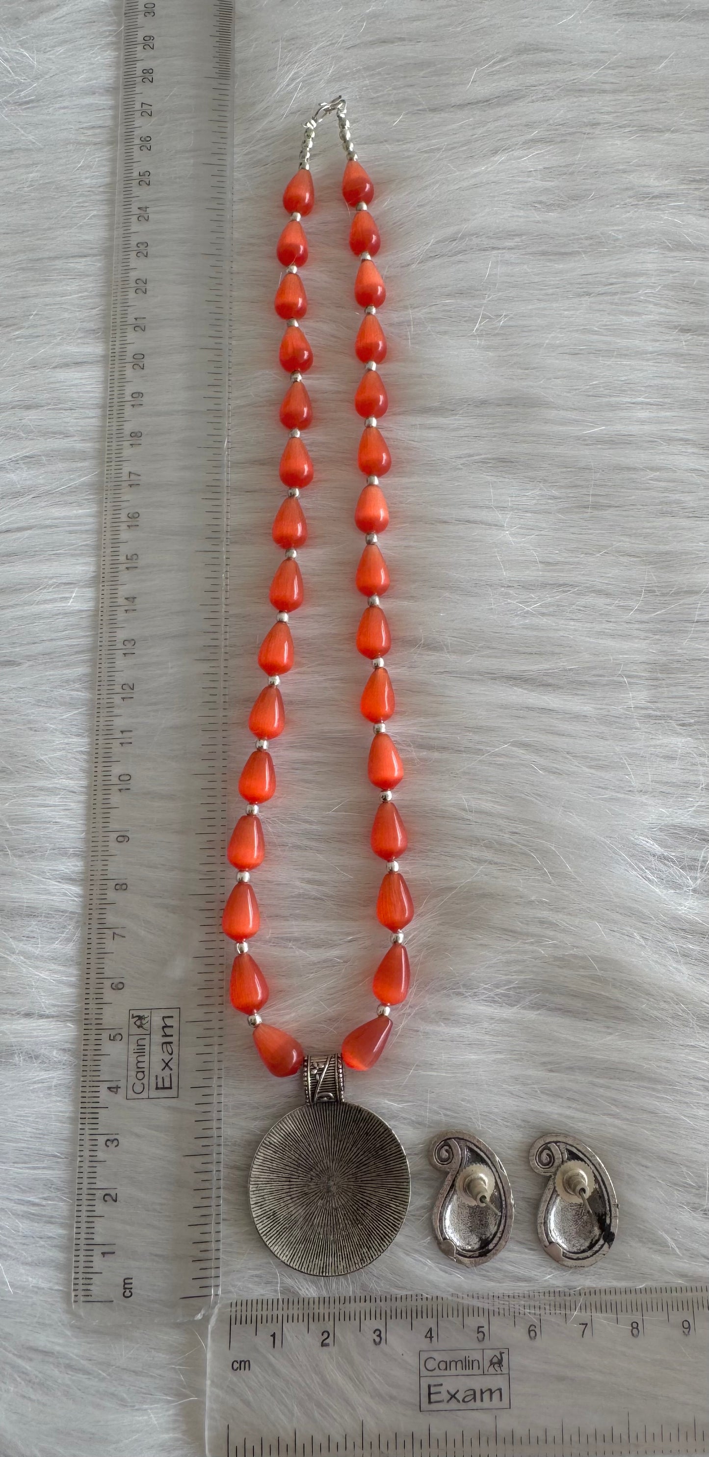 Silver Tone Orange Moonlight beaded Necklace Set Dj-51333