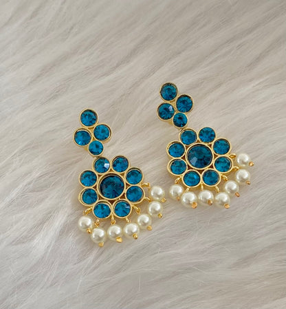 Gold tone AD cerulean blue stone pearl flower earrings dj-55136