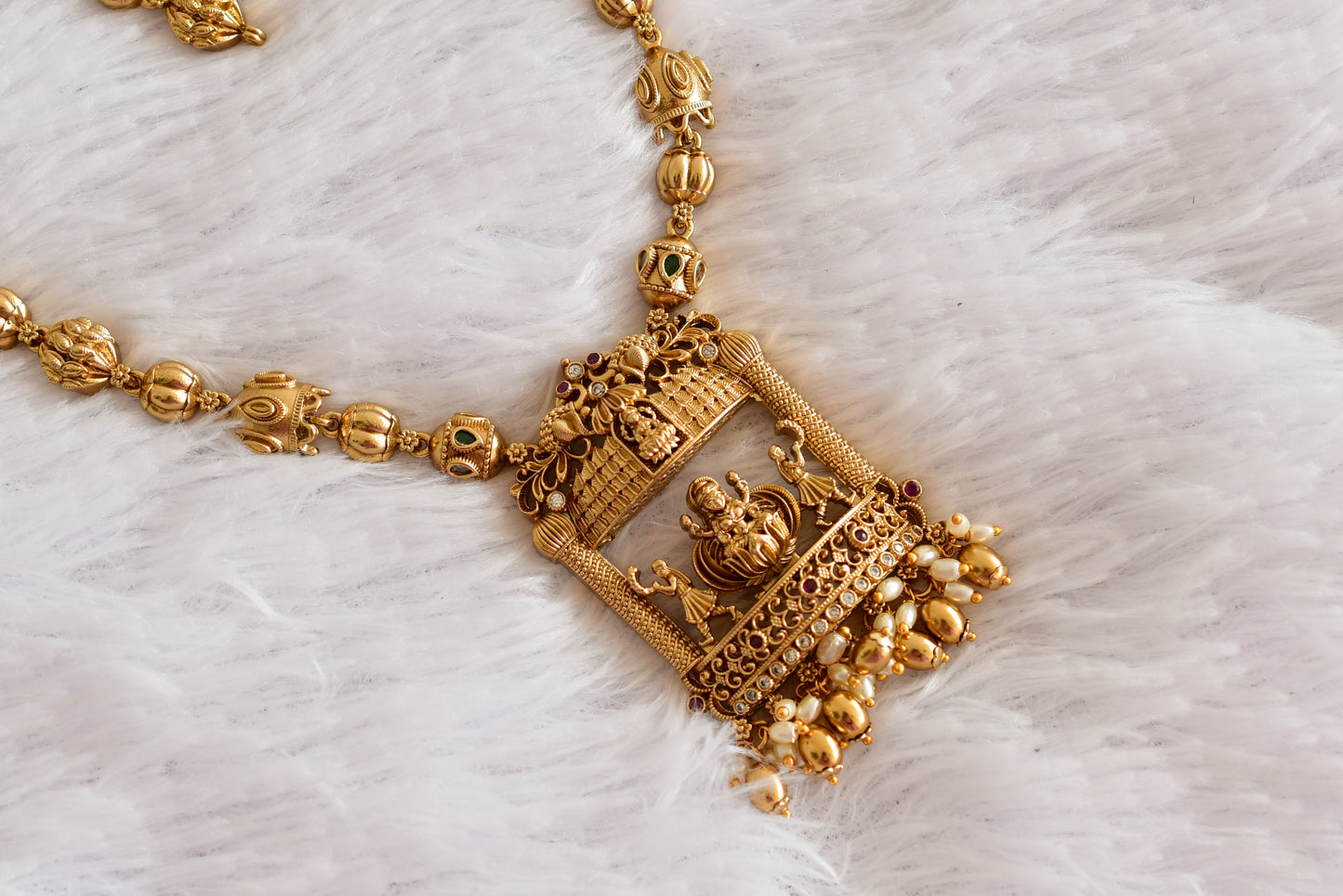 Antique gold tone pink-green lakshmi peacock haar set dj-52433