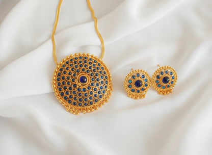 Antique gold tone Blue Round Pendant Necklace Set-dj17577