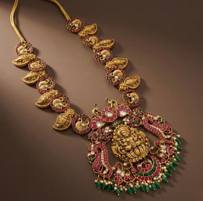 Antique gold look alike Pink-green-white Lakshmi-swan-Ganesha Kunda Jadau haar dj-36319
