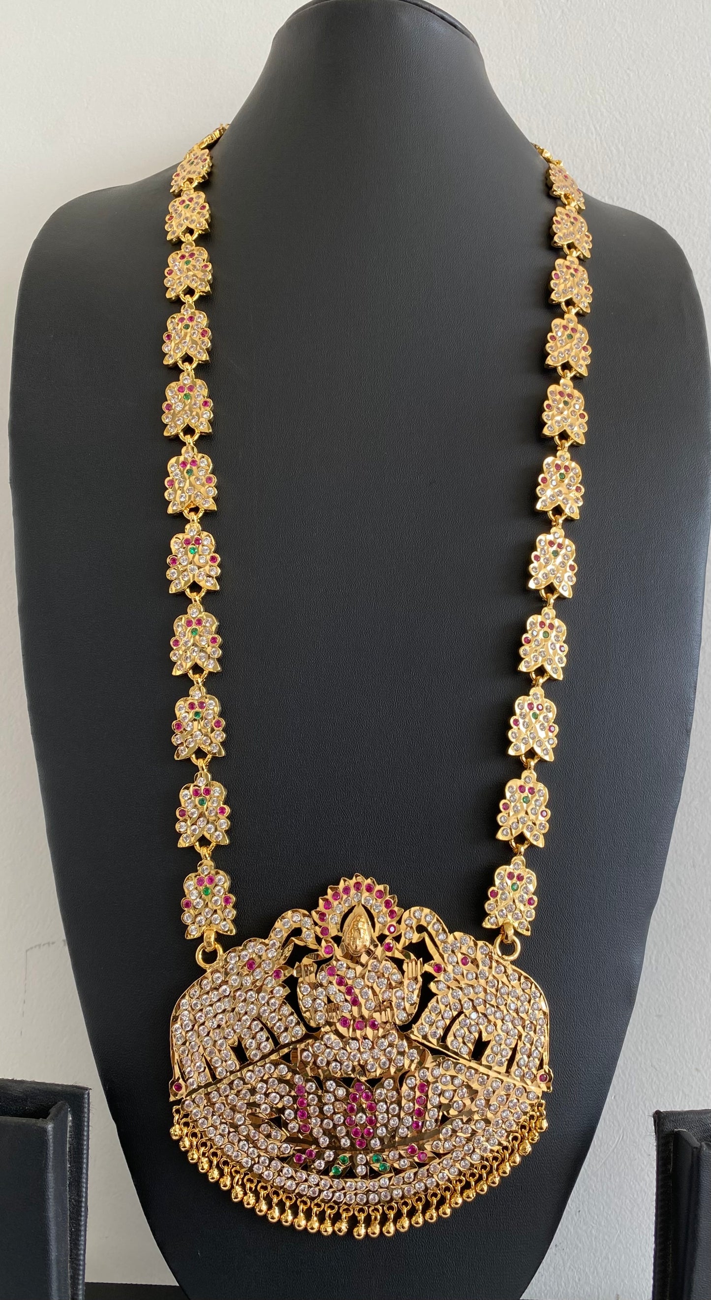 Gold tone south indian style grand AD pink-green-white gaja lakshmi haar dj-53254