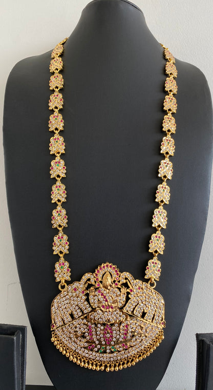 Gold tone south indian style grand AD pink-green-white gaja lakshmi haar dj-53254