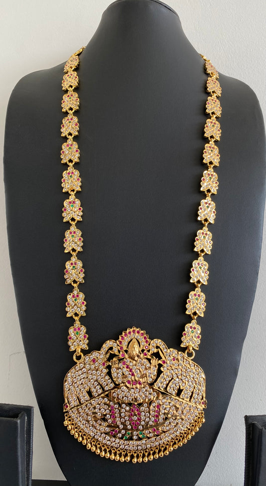 Gold tone south indian style grand AD pink-green-white gaja lakshmi haar dj-53254