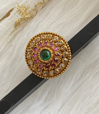 Antique gold tone pink-green-white big round flower finger ring dj-54332