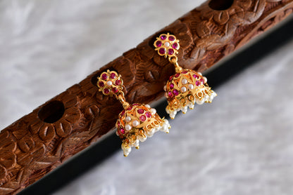 Gold tone ad pink pearl jhumkka dj-51889