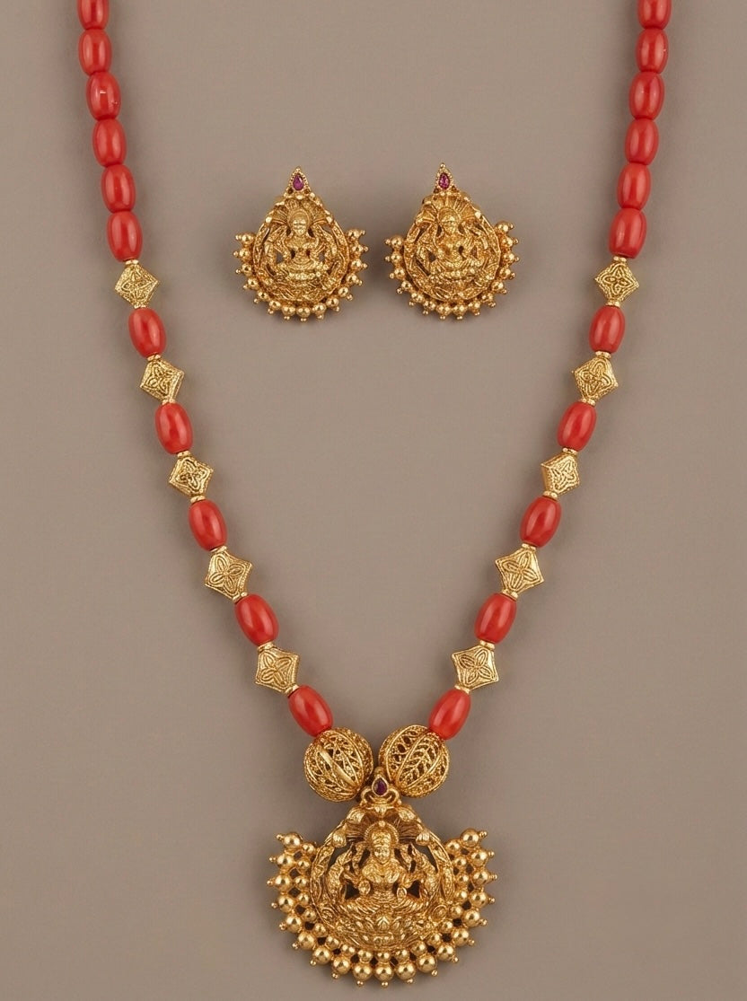 Matte finish coral-kemp stone lakshmi necklace set dj-46329