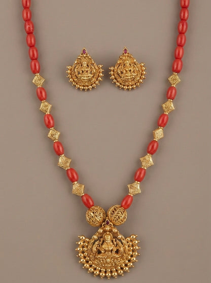 Matte finish coral-kemp stone lakshmi necklace set dj-46329