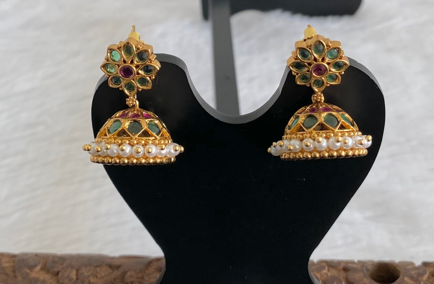 Antique gold tone kemp-green pearl  jhumkka dj-53571