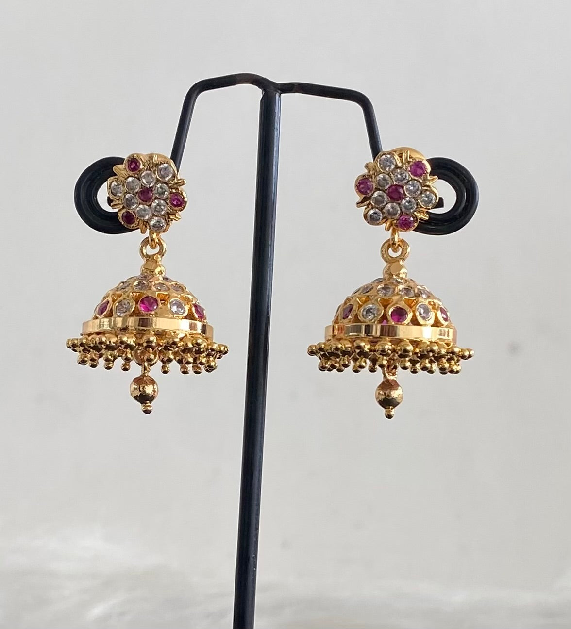 Gold tone ad pink-white stone south Indian jhumkka dj-54895