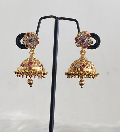 Gold tone ad pink-white stone south Indian jhumkka dj-54895