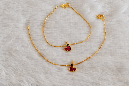 Gold tone pink-green bird kundan jadau anklets dj-52385