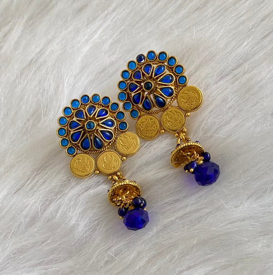 Antique gold tone blue stone lakshmi coin flower earrings dj-54792