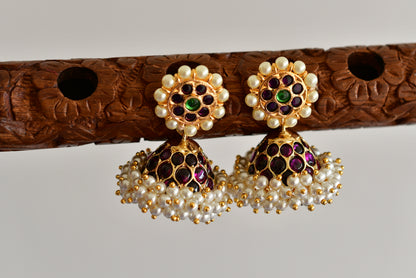 Gold tone precious kemp-green pearl jhumkka dj-52295