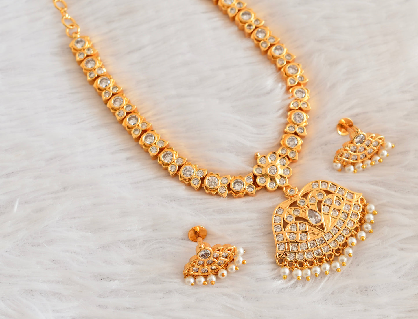 Gold tone AD white south Indian style necklace set dj-53301