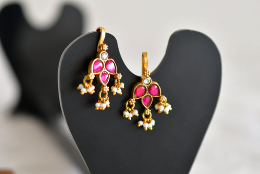 Gold tone pink-white kundan jadau bugadi earrings dj-52490