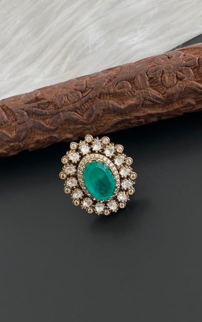 Two tone cz white-green stone finger ring dj-53684