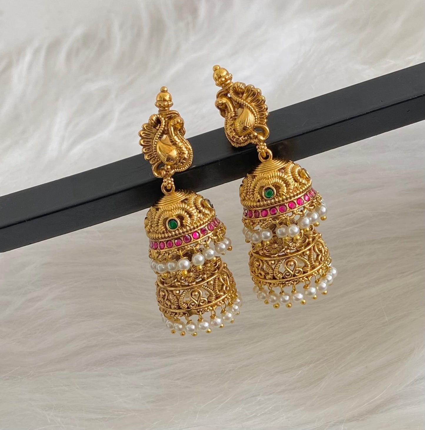 Antique gold tone kemp-green pearl peacock step jhumkka dj-54565
