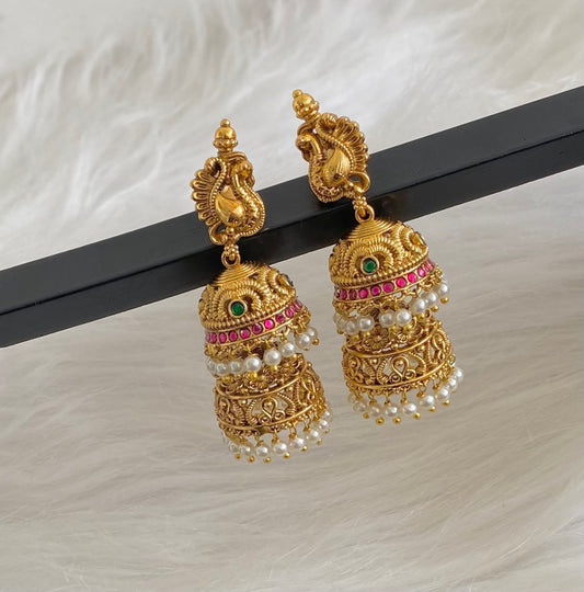 Antique gold tone kemp-green pearl peacock step jhumkka dj-54565