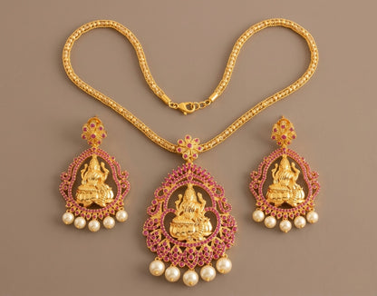 Gold tone Cz Ruby Pearl Lakshmi Necklace Set- DJ10865