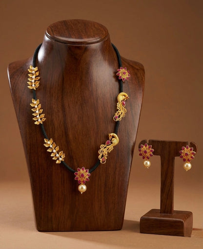 Matte finish black thread ruby peacock necklace set-dj07275