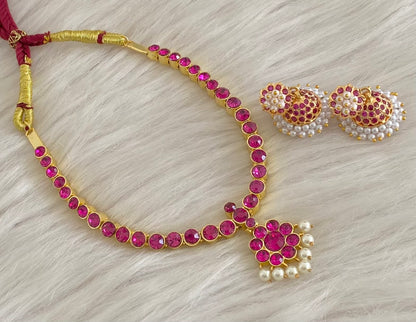 Gold tone AD balaji/rani pink stone pearl attigai necklace set dj-54989