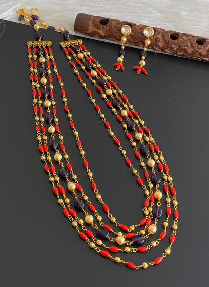 Antique gold tone multilayer coral-purple beaded necklace set dj-54984