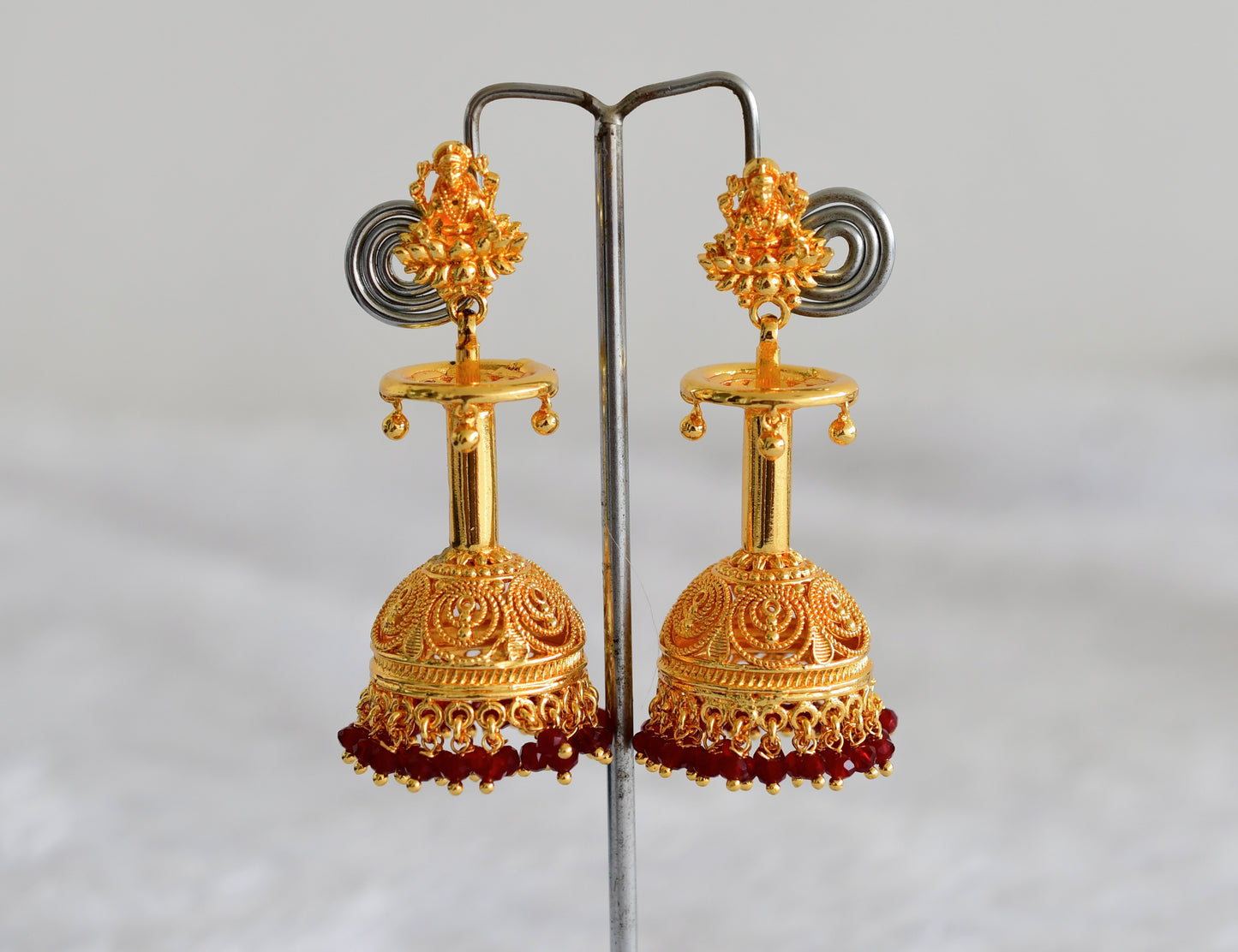Gold Tone Kerala style Maroon Lakshmi long jhumkka dj-51801