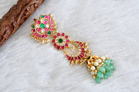 Gold tone pink-green kundan jadau flower hair jewel dj-52378