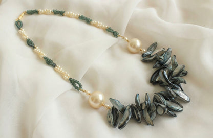 Gold tone grey pearl long necklace DJ25910