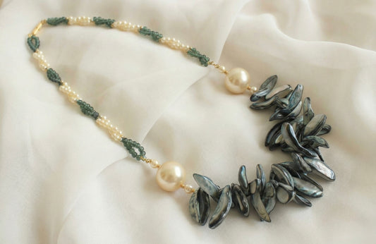 Gold tone grey pearl long necklace DJ25910