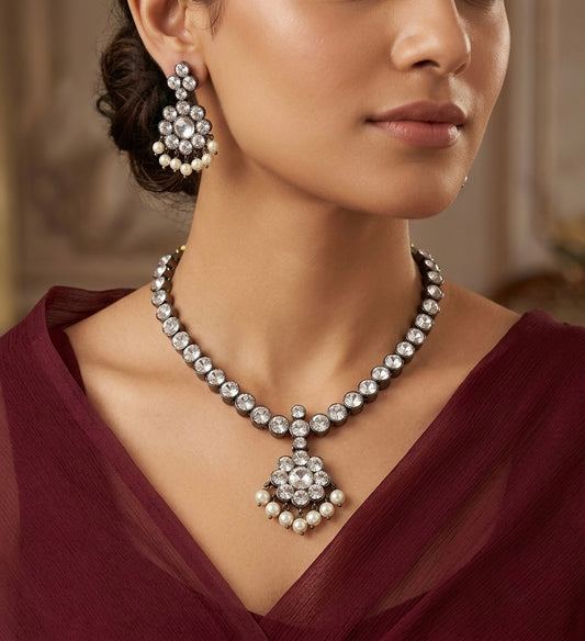 Black finish precious white pearl necklace set dj-53959