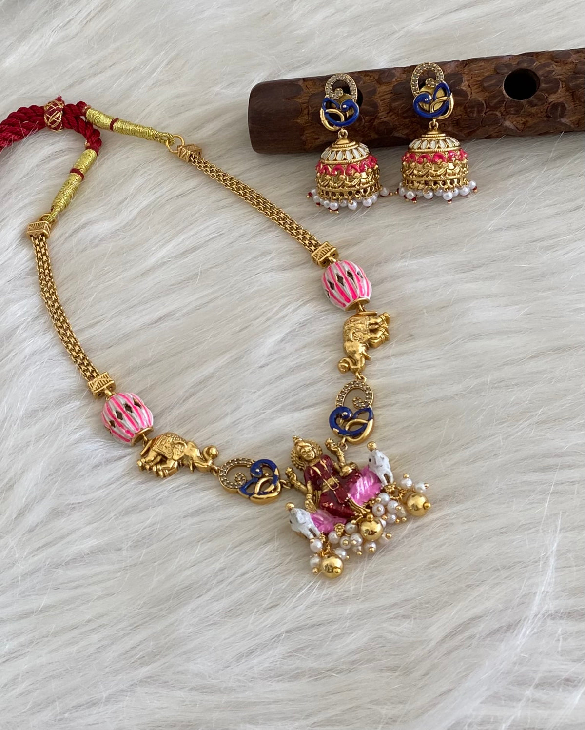 Matte finish meenakari peacock gaja lakshmi necklace set dj-54747