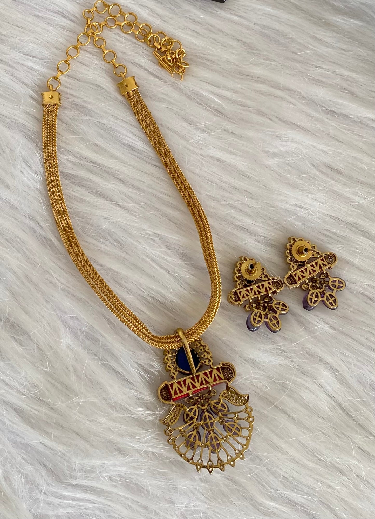 Antique gold tone coral purple beaded necklace set dj-54263