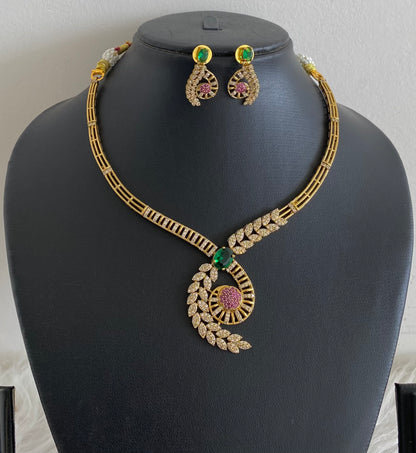 Antique gold tone white-pink-green stone kante necklace set dj-54755