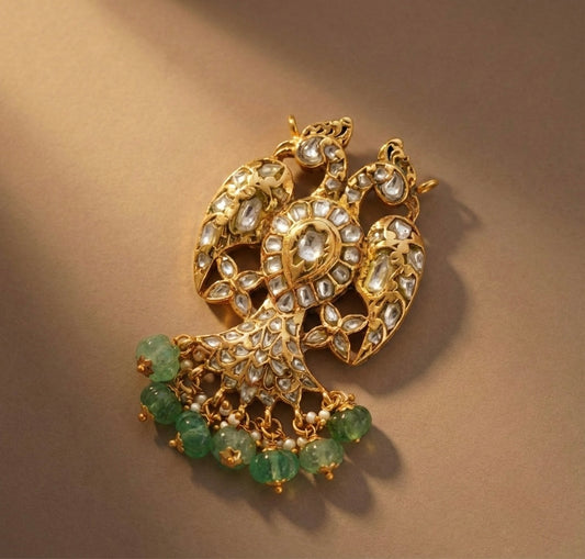 Gold tone pink-green-white kundan jadau reversible Gandaberunda pendant dj-52638