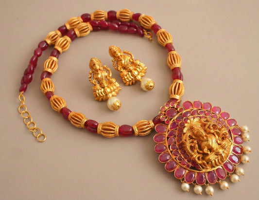 Matte finish ruby beaded lakshmi beaded set-dj13164