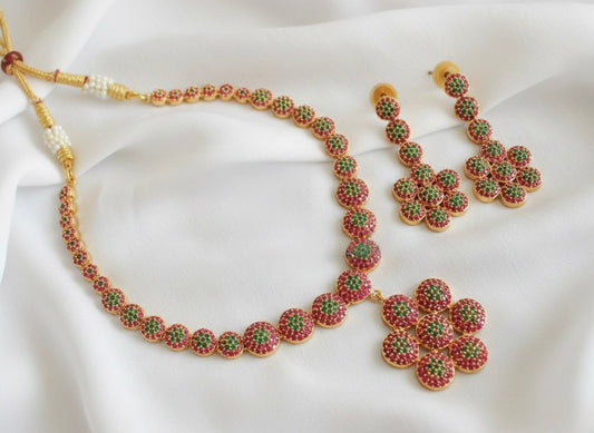 Gold Tone Cz Ruby-emerald flower Necklace Set DJ26015