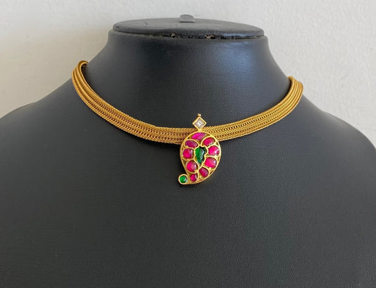 Matte finish pink-green-white kundan jadau mango choker/necklace dj-55086