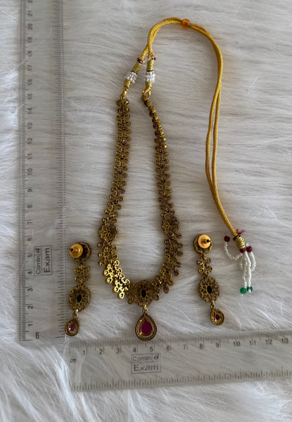 Antique gold tone cz ruby-green flower block stone necklace set dj-51216