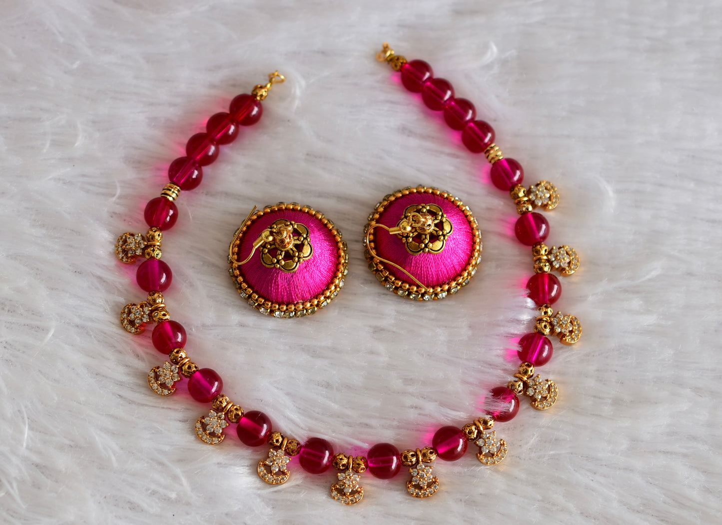 Gold tone cz flower Pink beaded Necklace Set dj-51947